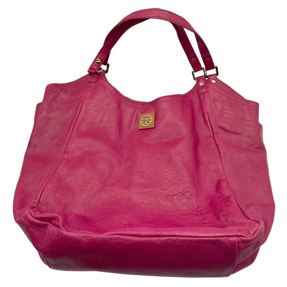 Tory Burch Magenta Leather‎ Tote Shoulder Bag Gold Logo Accent Chic